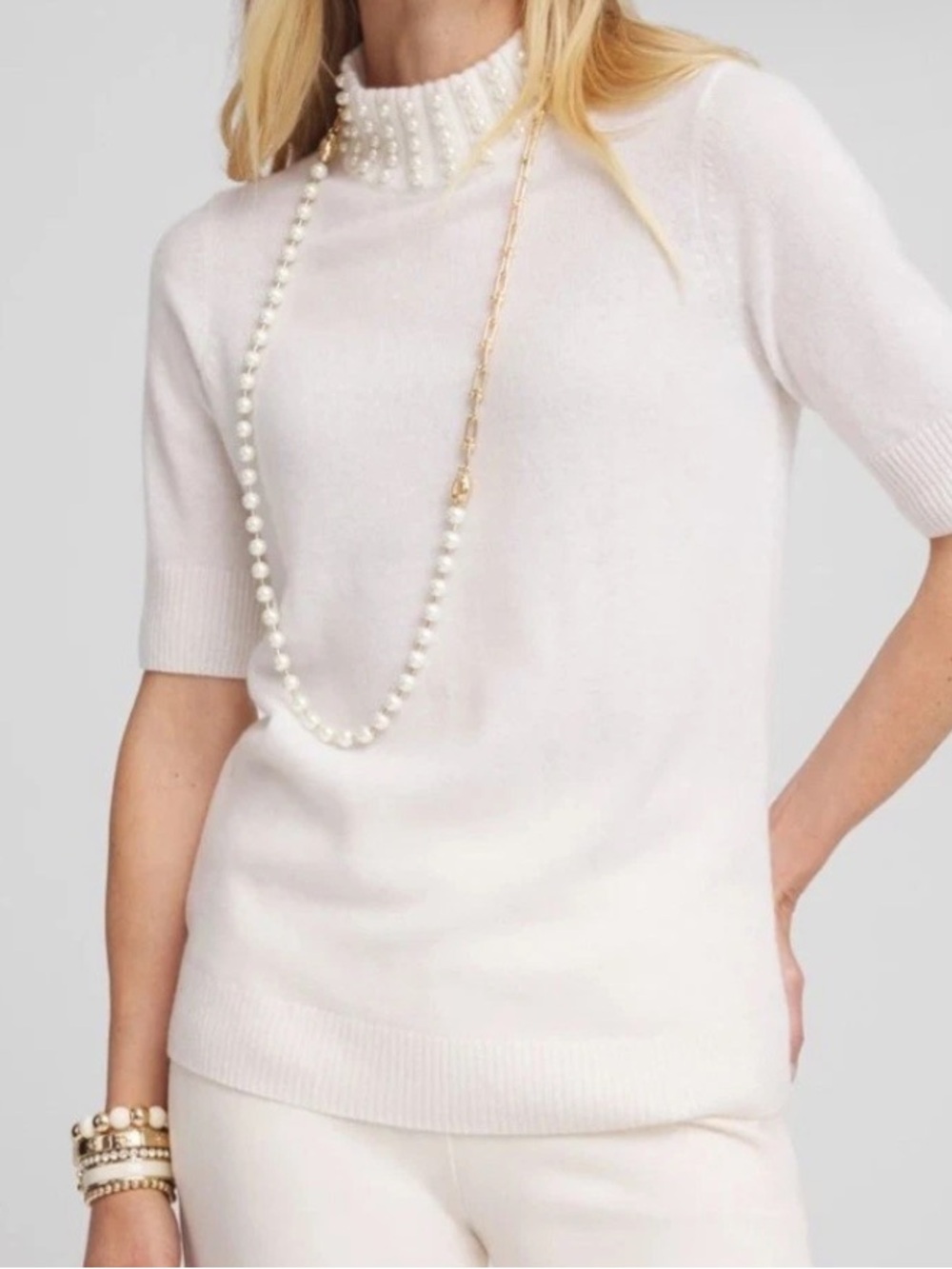 Chico’s Cashmere Pearl Mock-neck Ivory Sweater, Size L, NWT